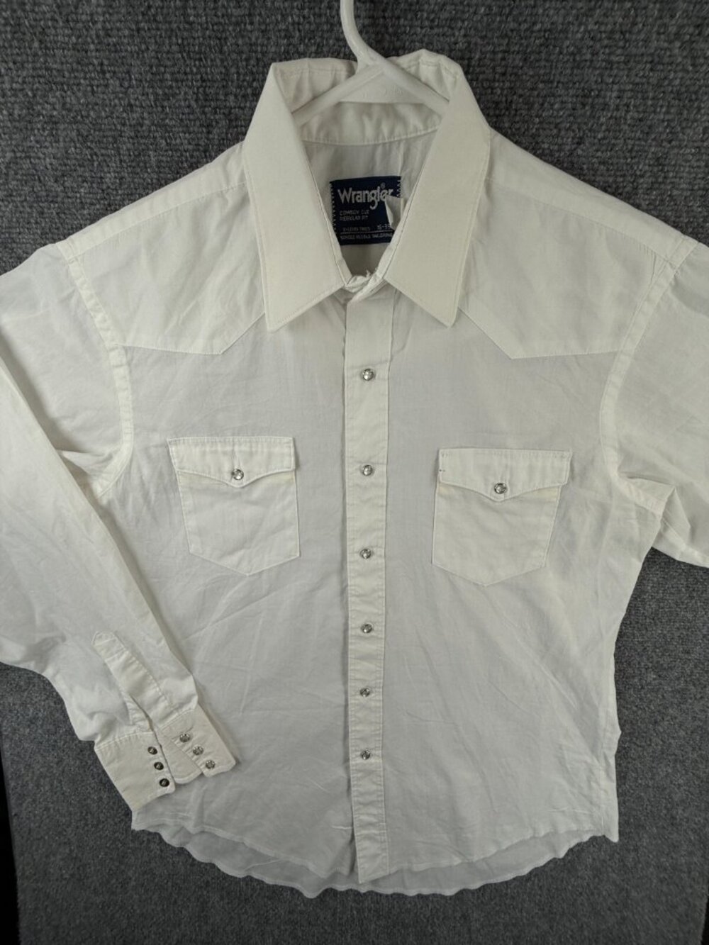 VTG Wrangler Cowboy Cut Regular X Long Tails White Snap Up Shirt Western 16 35